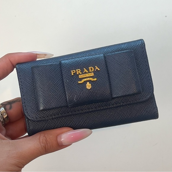 Prada Navy Blue & Gold Ribbon Bow Logo Small Wallet Key Case Holder Cardholder - Picture 2 of 12